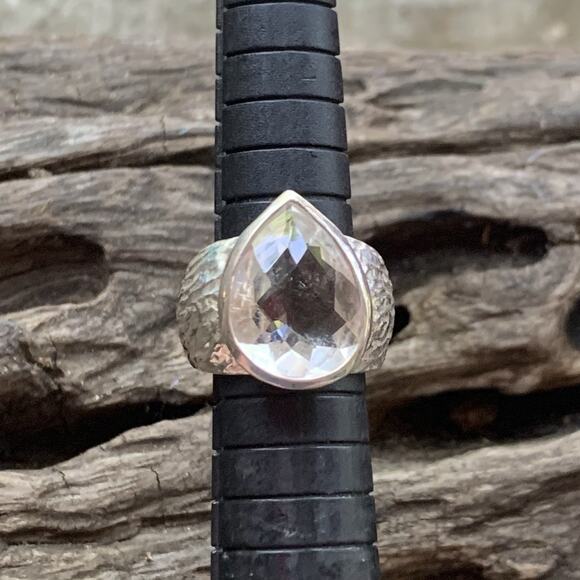 Sterling Silver and Clear Quartz Ring by RCI Size 5 Hammered Band - Picture 1 of 6